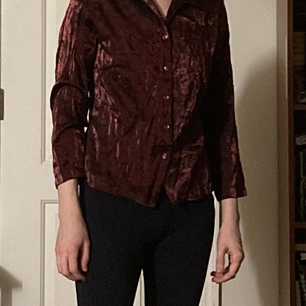 Shiny Dark Red Floral Button Down (Petite)
